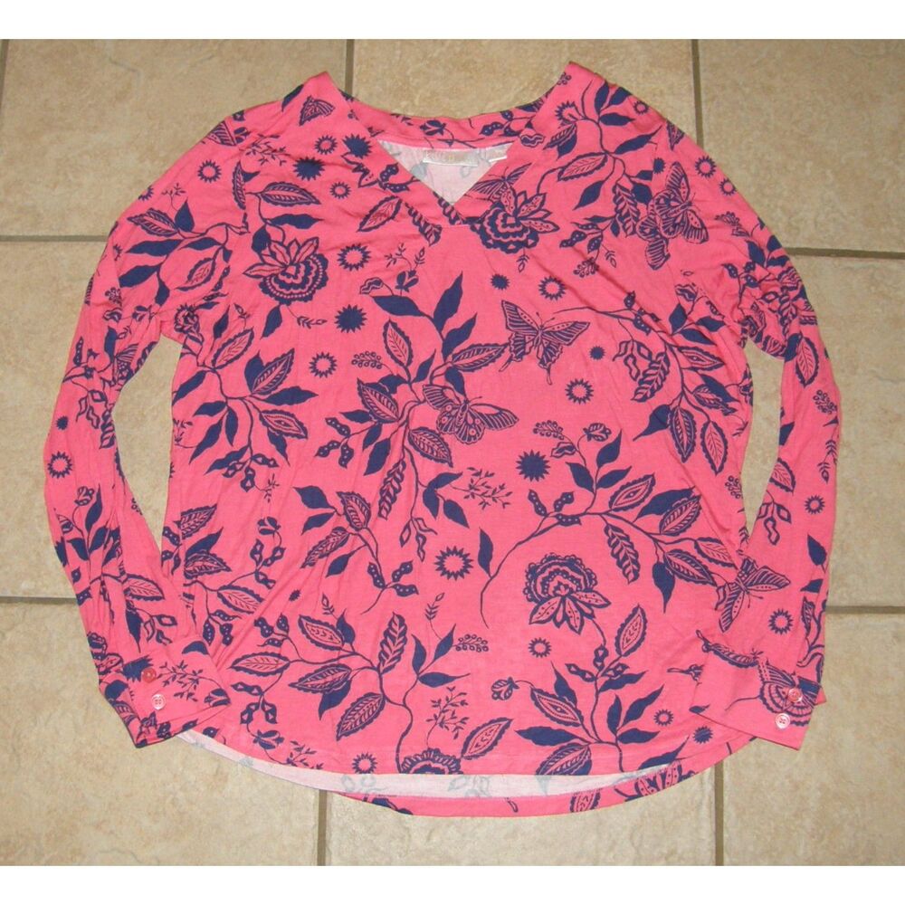 Pink & Blue Sz Large Soft Stretchy Butterfly Floral Print Shirt BELLE KIM GRAVEL